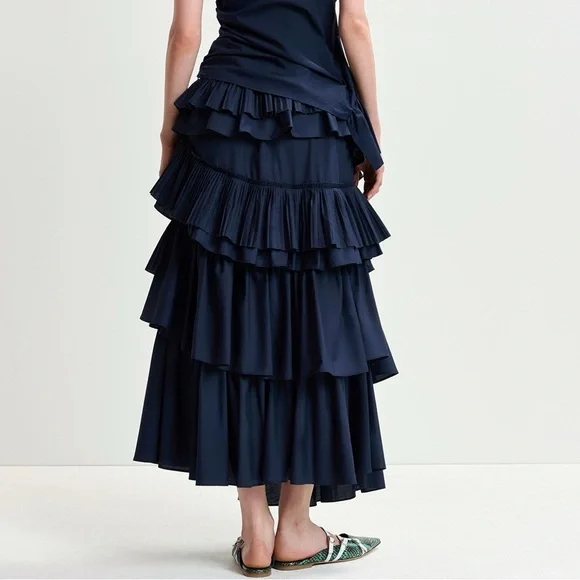 NWT Elegant Navy Blue Tiered 100% Cotton Skirt - Picture 4 of 9